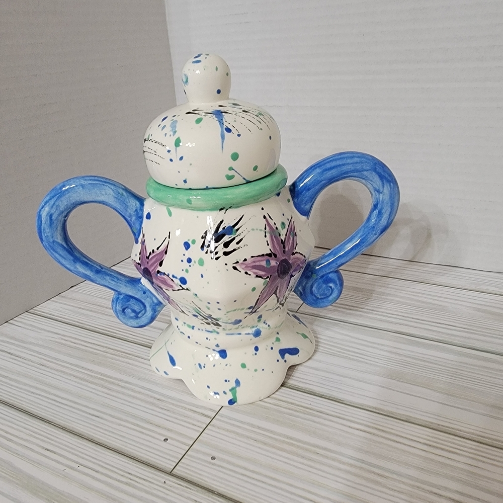 Whimsical 2 Handled Sugar Bowl  Purple Flower Multicolor Unique Quirky Unbranded